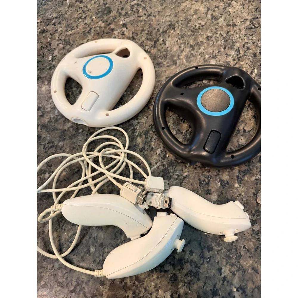 Nintendo Wii Accessory Lot 2 Racing Wheels Black White & 3 Nunchuck Controllers